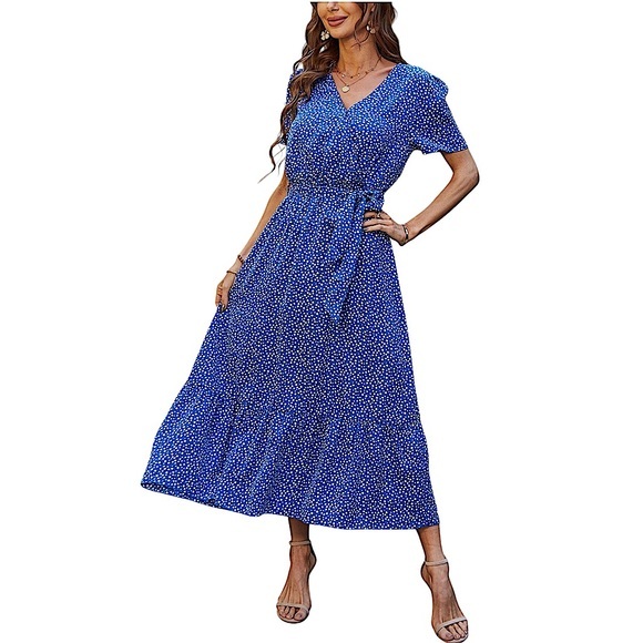 PrettyGarden Dresses & Skirts - PRETTYGARDEN Floral Boho Short Sleeve V Neck Ruffle A-Line Wrap Maxi Dress M